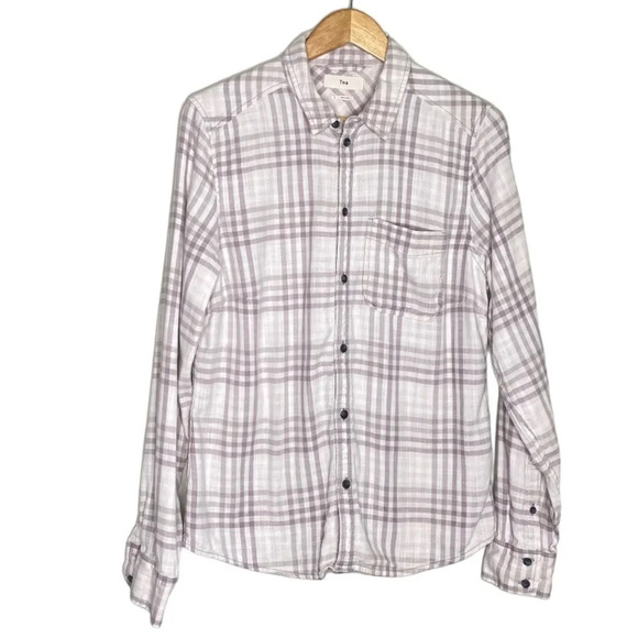 Aritzia TNA Beige Brushed Flannel Plaid Button Front Yellowstone Shirt Large - Picture 2 of 11